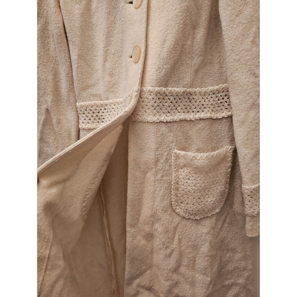 Classiques Entier Jacket M Crochet Button Up 100% Wool Beige Long Holiday Coat - Picture 5 of 10